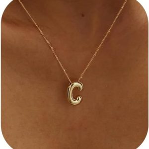 Bubble Gold Letter Necklace for Women, 14k Gold Plated Balloon Initial Letter Pendant Necklace Dainty Charm Initial Necklaces for Women Trendy Chunky Custom Name Necklace Gold Jewelry for Womens