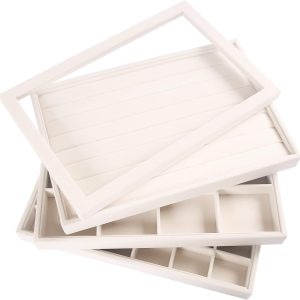 Coward Stackable Jewelry Trays Organizer Set with Clear Lid, Trays for Drawer, Earring Necklace Bracelet Ring Display Organizer (beige(ring+12girds+30girds+The glass lid))
