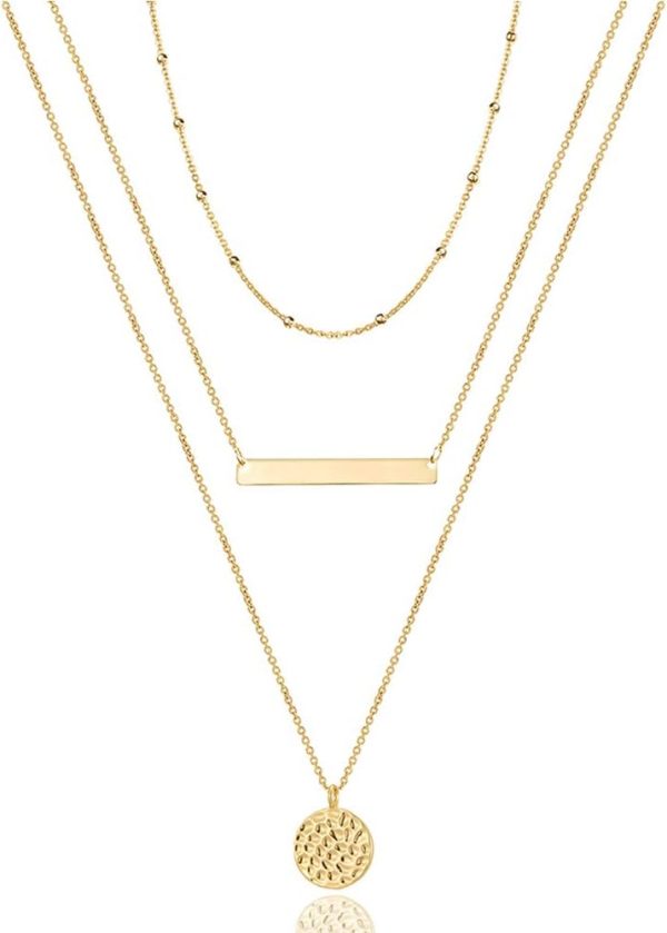 Turandoss Dainty Layered Choker Necklace, Handmade 14K Gold Plated Y Pendant Necklace Multilayer Bar Disc Necklace Adjustable Layering Choker Necklaces for Women