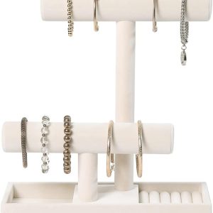 ByKen Multi-Functional 2 Tier Jewelry Holder,Necklace Bracelet Holder with Earrings Rings Tray,Jewelry Organizer Stand for Scrunchie Watches(Beige Velvet)