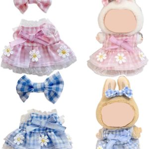 (2 Pack) Clothes for Labubu Doll,Clothes for Dolls Accessories,Daisy Plaid Skirt with Bow Hairpin Outfit Set Suitable for Labubu 15&17cm Doll,Adorable Dress-Up Accessories for Labubu Doll (Pink+Blue)