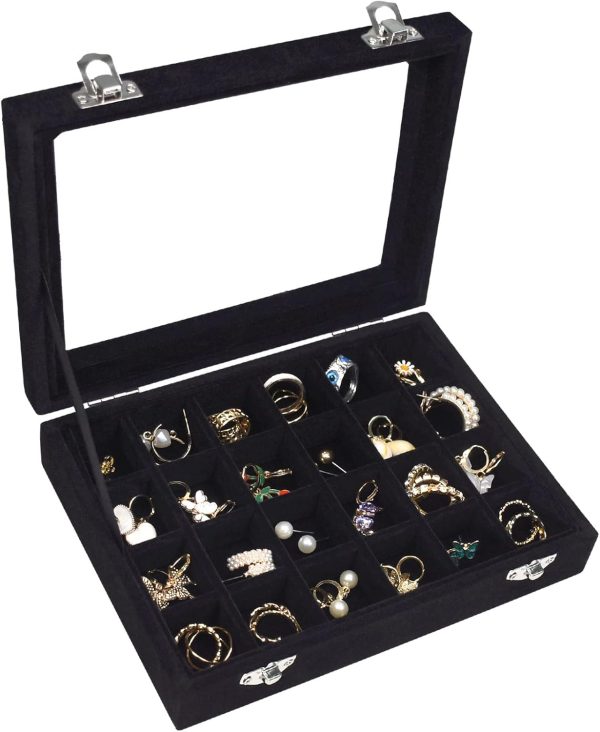 Velvet Jewelry Box 24 Grid Jewelry Ring Display Organiser Box Tray Holder Earrings Storage Case for Girls Wife Mom Women (Black)
