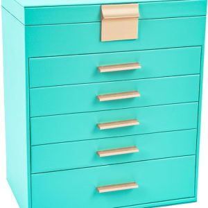 BOOVO Jewelry Box with Necklace Hanger – 6 layer Jewelry Organizer for Women with 5 Drawers, Large Jewelry Storage Boxes –Jewelry Organizers and Storage for Earrings, Necklaces (Turquoise, 6 layer)