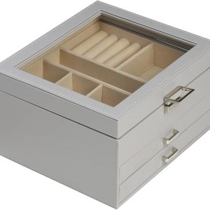 BOOVO Clear Lid Jewelry Box,3 Layers Jewelry Organizer Large Multi-Functional Jewelry Storage Box with 2 Drawers,Jewelry Display Case of Rings Earrings Necklace Bracelets for Women Girls (Grey)