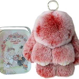 Bunny Lulu keychain with tin, handmade soft and cute rabbit pompom pendant, Bunny Cute Plush Keychain