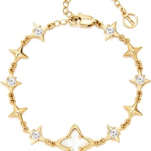 Cicy Bell Womens 18k Gold Plated White Shell Cubic Zirconia Square Cross Adjustable Chain Link Bracelets 6.69" with 2" Extender
