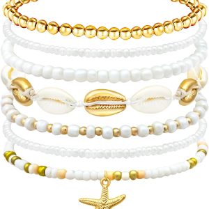 Beach Bracelets for Women Bohemian Stackable Heishi Surfer Bracelet Set Elastic Seashell Starfish Boho Friendship Bracelets for Summer Beach Party Holiday Vacation Jewelry