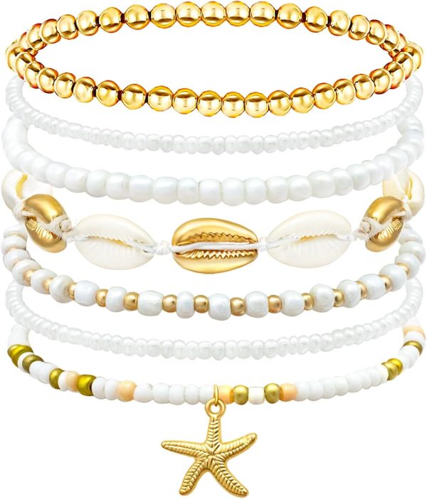 Beach Bracelets for Women Bohemian Stackable Heishi Surfer Bracelet Set Elastic Seashell Starfish Boho Friendship Bracelets for Summer Beach Party Holiday Vacation Jewelry