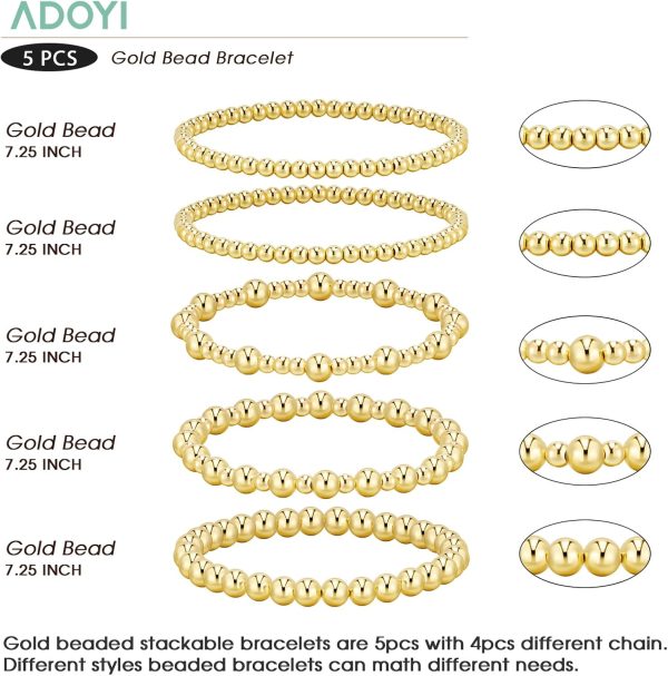 adoyi Gold Bracelets for Women Waterproof, 14K Gold Plated Beaded Strand Bead Ball Bracelets stack Adjustable Jewelry Set for Gifts - Image 5