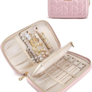 BAGSMART Travel Jewelry Case Jewelry Box Organizers and Storage Earings Holder Organizer for Women for Necklaces, Bracelets, Rings-Pink