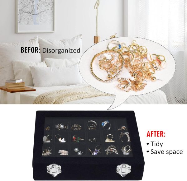 Velvet Jewelry Box 24 Grid Jewelry Ring Display Organiser Box Tray Holder Earrings Storage Case for Girls Wife Mom Women (Black) - Image 5