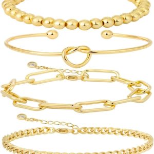 Gold Bracelets for women 14K Gold Bangle Bracelet Stack - Adjustable Waterproof Trendy Bracelets Gold Filled Stacks Bangles Link Chain Gold Bracelet Non Tarnish for Women Collection Jewelry Gifts