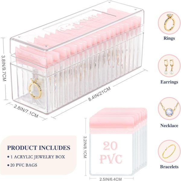 Acrylic Jewelry Box Organizer, Clear Jewelry Organizer Holder with 20 Portable Anti Tarnish Jewelry bags, Travel Jewelry Case for Earrings/Rings/Necklaces for Women Girls, Pink - Image 4