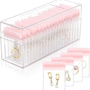 Acrylic Jewelry Box Organizer, Clear Jewelry Organizer Holder with 20 Portable Anti Tarnish Jewelry bags, Travel Jewelry Case for Earrings/Rings/Necklaces for Women Girls, Pink