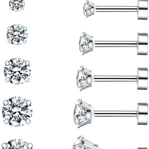 Wssxc 6 Pairs Hypoallergenic Cubic Zirconia Earrings Surgical Steel Flat Back Studs for Cartilage, Screw Back Fashion Jewelry