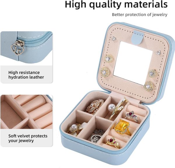 Travel jewelry case Travel jewelry box Travel Jewelry Organizer Small Jewelry Organizer Box for Girls Women with Mirror (Sky blue) - Image 4