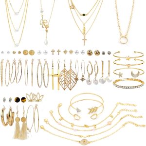 AROIC 38-52PCS Jewelry Set with Necklace Bracelet Layered Ball Dangle Hoop Stud Earrings for Women Jewelry Fashion and Valentine Birthday Party Gift