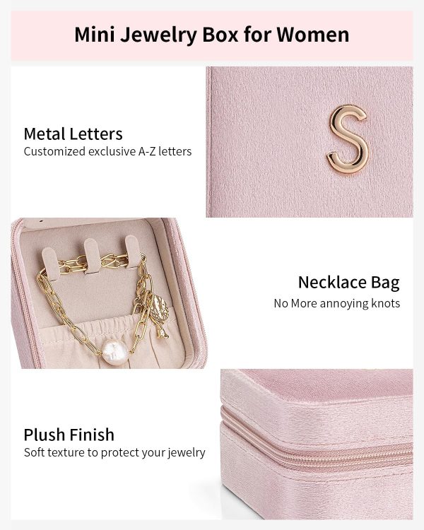 Vlando Mothers Day Gifts for Mom Travel Jewelry Case for Girl Women, A Initial Jewelry Case, Mini Jewelry Travel Organizer Travel Essentials for Travel Gift Teen Girls - Letter A, Pink - Image 3
