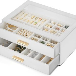 AKOZLIN Jewelry Box with Clear Lid Functional Leather Jewelry Storage Organizer Case 2 Drawers for Women Girls Necklace Ring Bracelet Earring