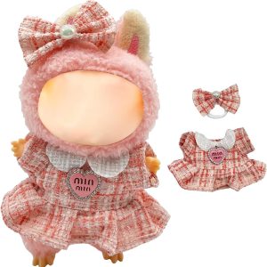 17 cm Doll Clothes, 15 cm Plush Dolls Outfits, Plush Monster Doll Clothing & Accessories Set (Designer Style with Bow-Pink)
