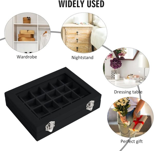 Velvet Jewelry Box 24 Grid Jewelry Ring Display Organiser Box Tray Holder Earrings Storage Case for Girls Wife Mom Women (Black) - Image 6