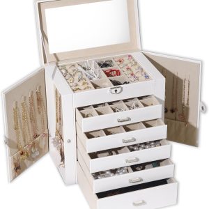 BOOVO Jewelry Box For women, 6 Layer Large Jewelry Organizer With Mirror, Multi-Function Storage Box With Lock, Accessory Holder With 5 Drawers, For Earrings Necklace Ring Bracelet (White)