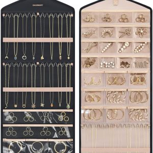 BAGSMART Hanging Jewelry Organizer with Hanger Metal Hooks Double-Sided Jewelry Holder for Organizing Earrings Necklaces Rings Perfect for in Hanging Closet, Wall, Door, 1 Piece, Large, Black