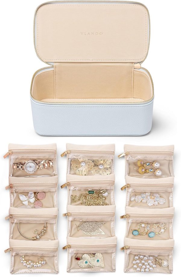 Vlando Travel Jewelry Case,Jewelry Organizer with 12 Pcs Velvet Jewelry Pouches, PU Leather Jewelry Box for Travel Accessories Birthday Christmas Gifts for Women Girls-Baby Blue