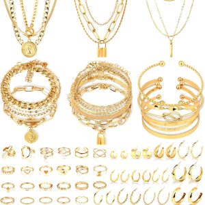 CHICUTIE Gold Jewelry Set For Women,14k Gold Plated Multi Layer Necklaces Bracelets Hoop Earrings Set Stackable Knuckle Rings, Trendy Elegance Charms Non Tarnish Minimalist Textured Boho Jewelry Gift