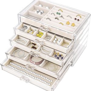 Acrylic Jewelry Organizer with 5 Drawers, Drawer with Velvet Trays, Earring Display for Storage and Gift for Women (Beige)