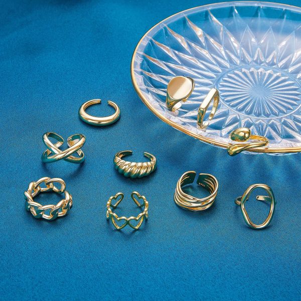 10PCS Gold Dome Chunky Rings for Women 18K Gold Plated Braided Twisted Round Signet Rings Adjustable Open Ring Band Statement Jewelry Size 7-9 - Image 6